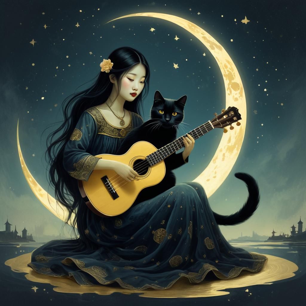 Asian Woman on Moon with Cat in Monge Style