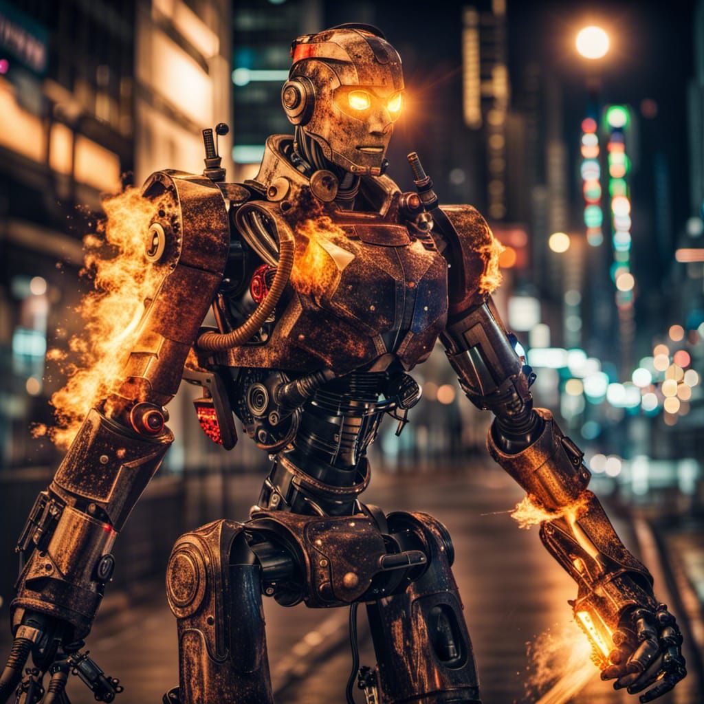 Hyperrealistic Robot Flamethrower in City at Night