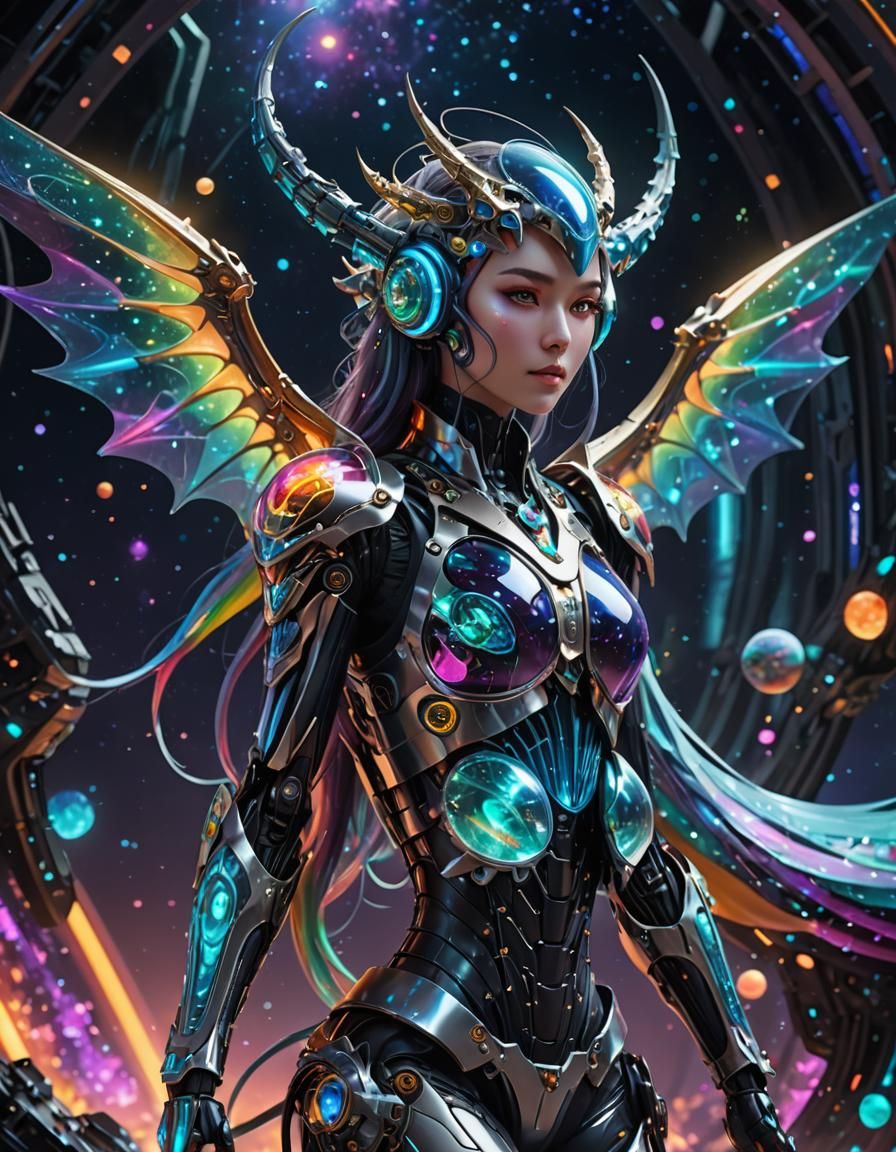 Futuristic Dragon Girl Chimera in Cyberpunk Style
