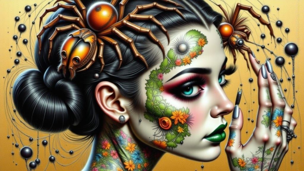 Elegant Woman with Tattoos and Tarantula, Detailed Ink Art