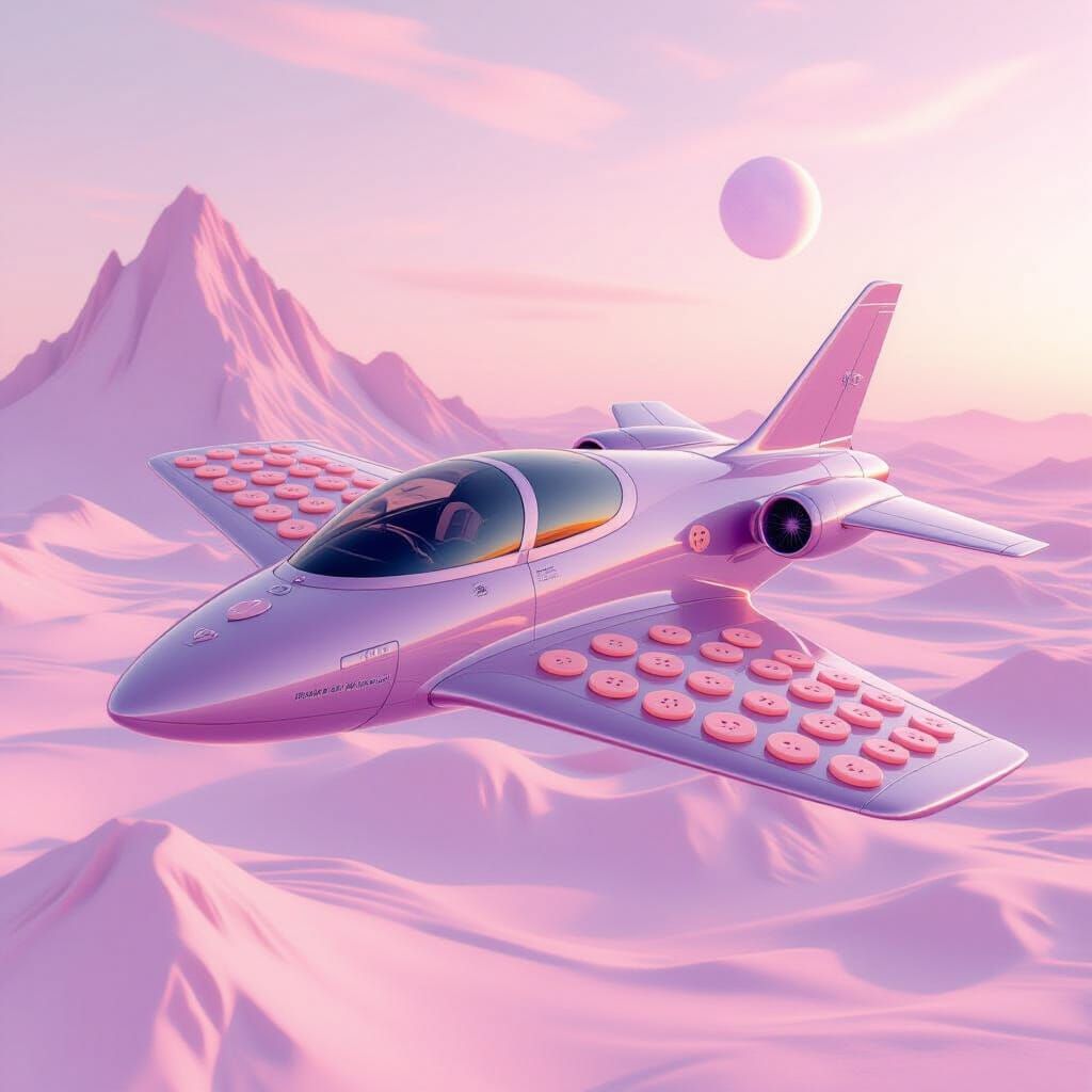 Mauve Jetship Hovers Over Pastel Alien Planet