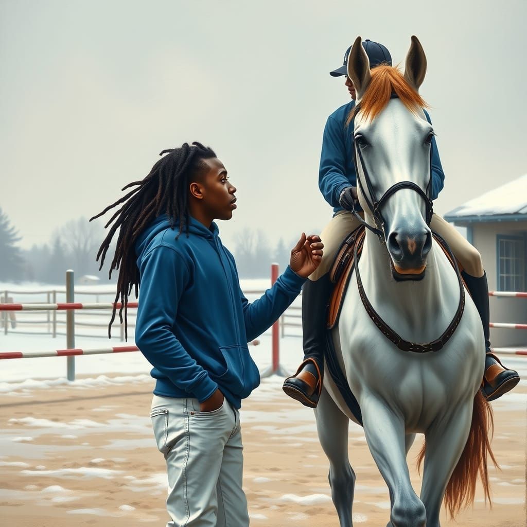 Boy and Equestrian Rider in Snowy Stable