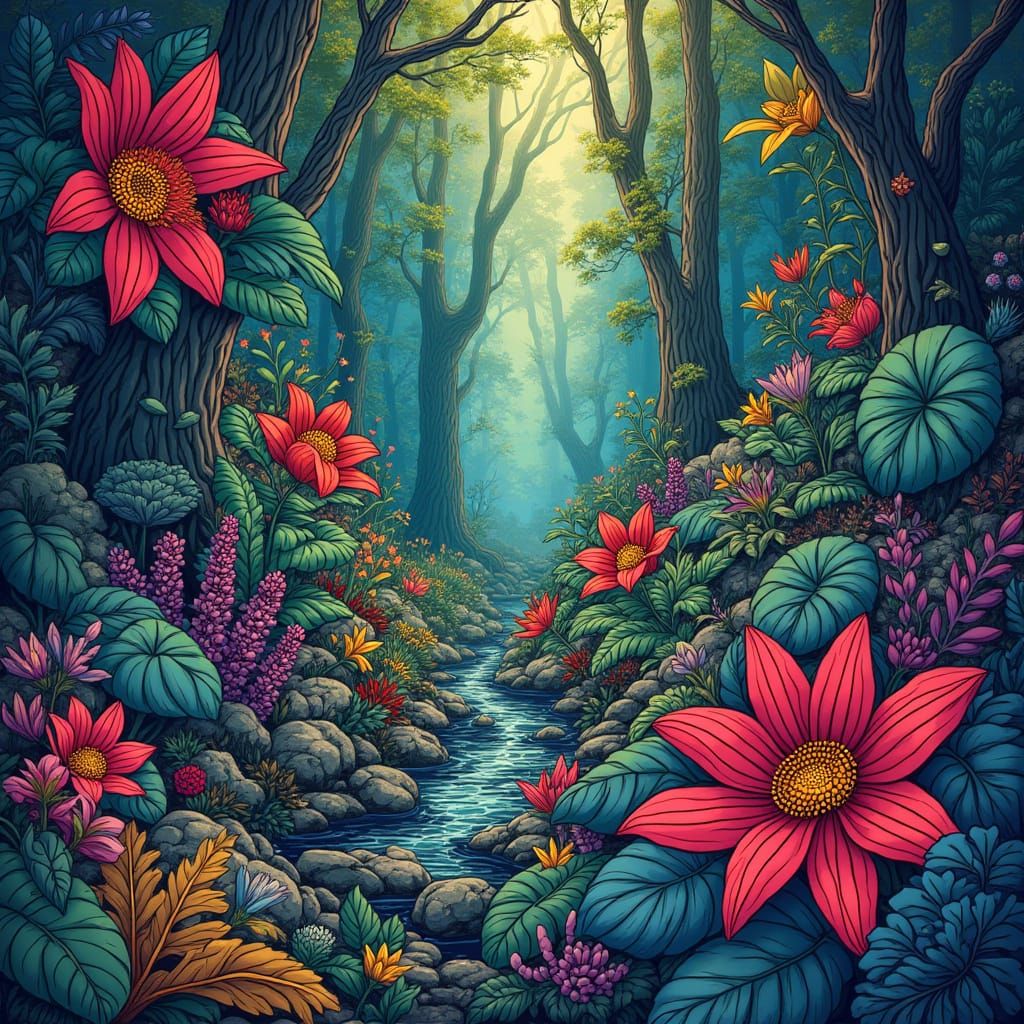 Lush Forest Plants in Imaginative Realism Style