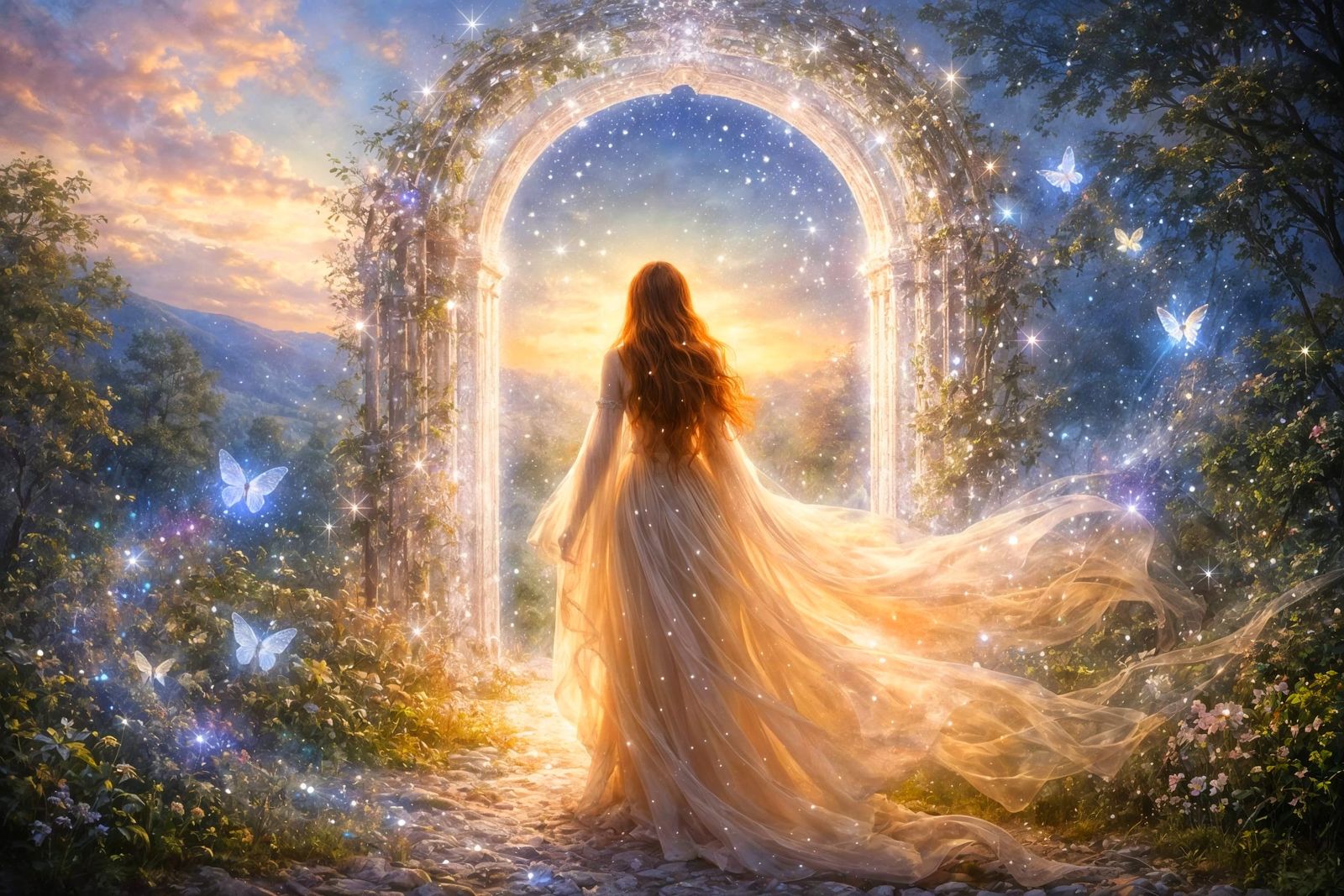 Ethereal Lady Before Glowing Archway in Romantic Oil Paintin...