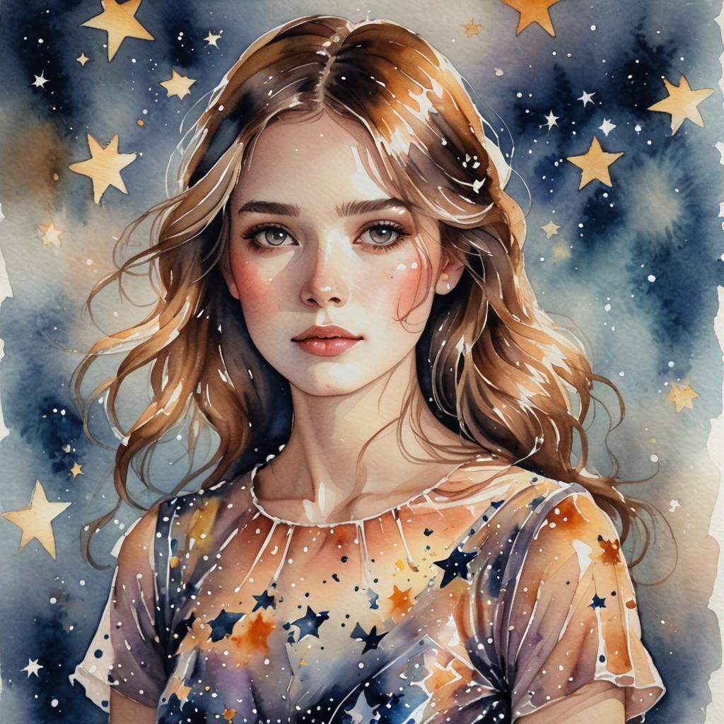 Watercolor Portrait of Star Girl in Shimmering Dress