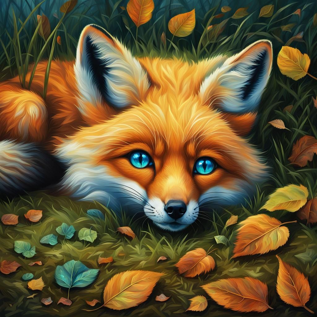 Cute Fox Portrait with Falling August Leaves