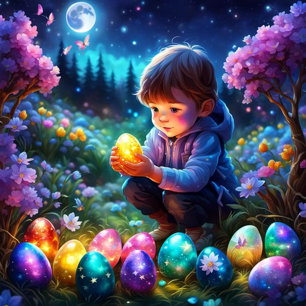 Mystical Easter Egg Hunt Under Sparkly Night Sky