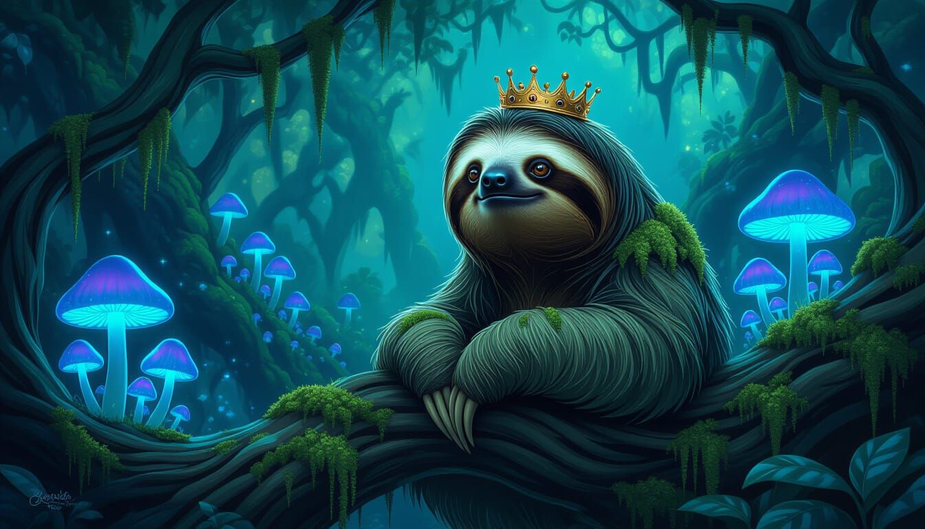 Ancient Sloth King in Bioluminescent Forest