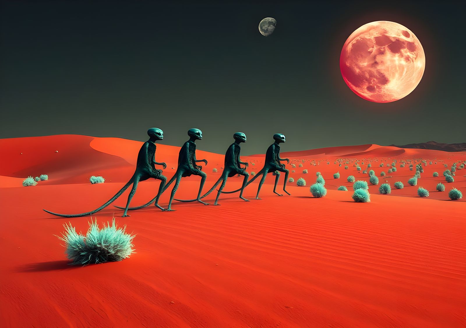Surreal Desert Journey Under a Colorful Moon