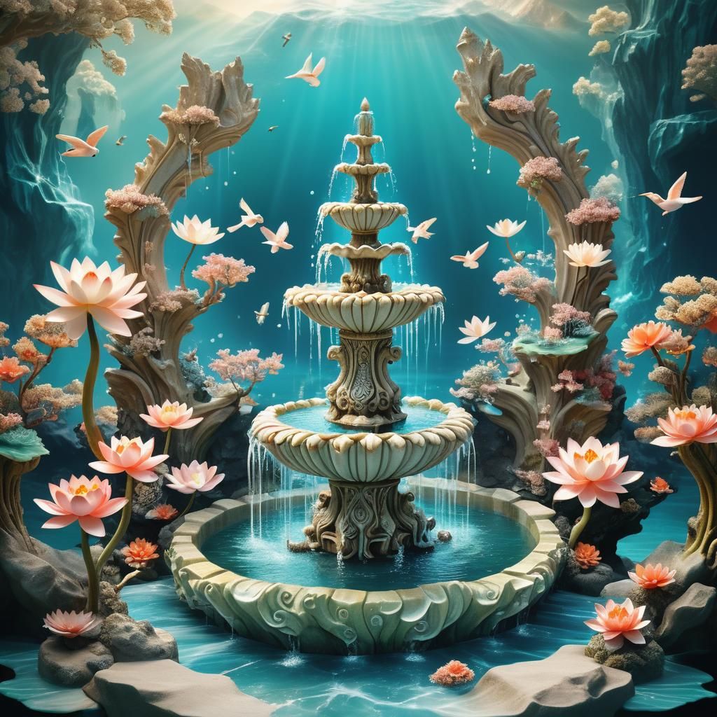 Majestic Fairy Fountain with Lotus Flowers in Surrealism