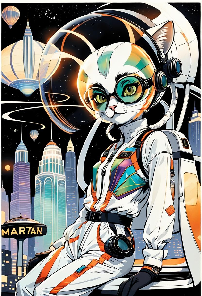 Marsport Arrival: Cat-Human Hybrid in Art Deco City