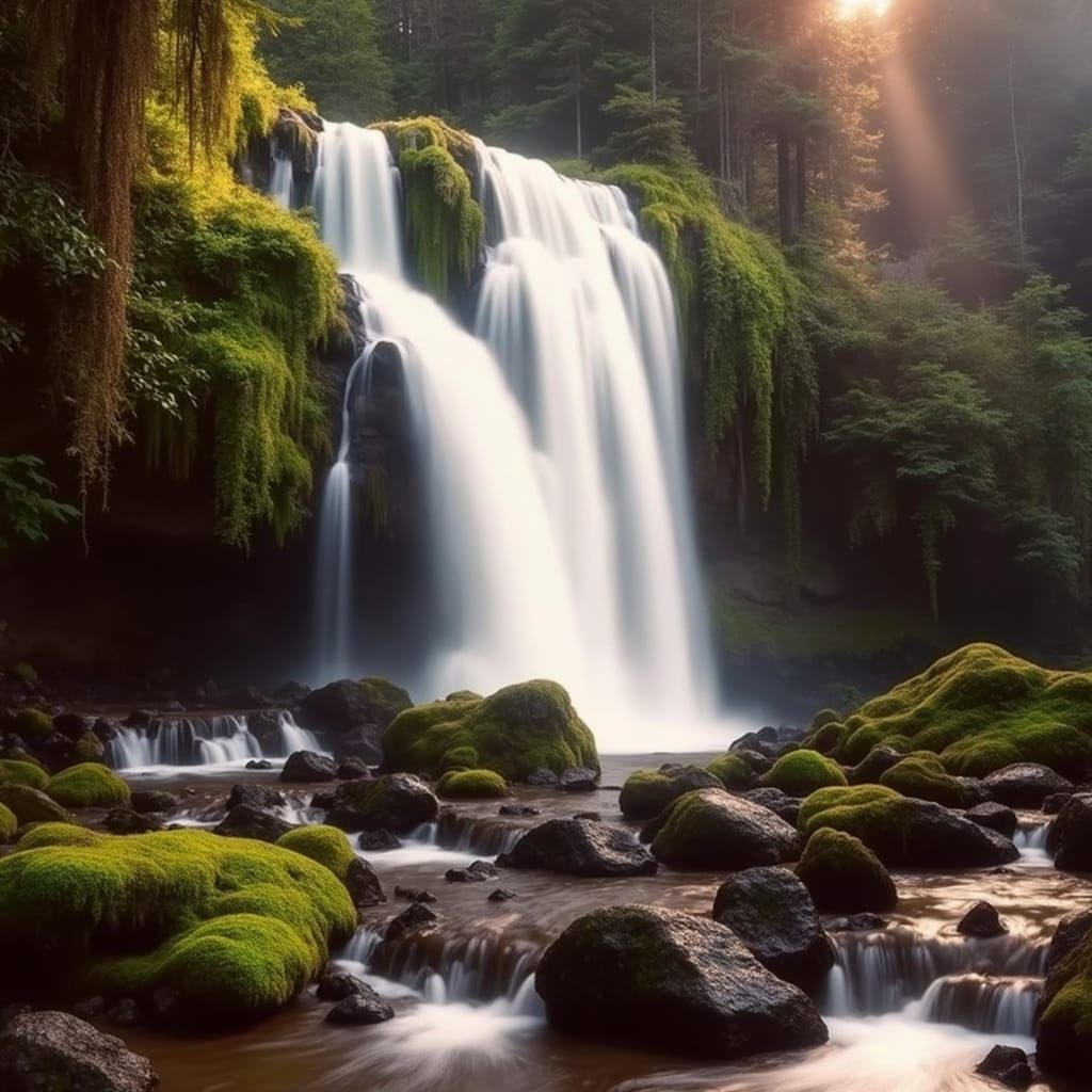 Hyperrealistic Forest Waterfall in Moody Cinematic Light