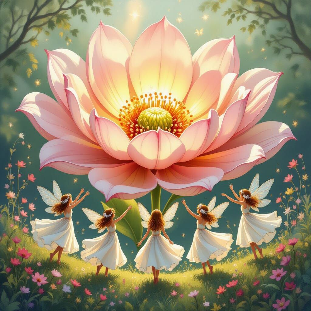 Fairies Dancing Around a Flower in Fantasy Art Style