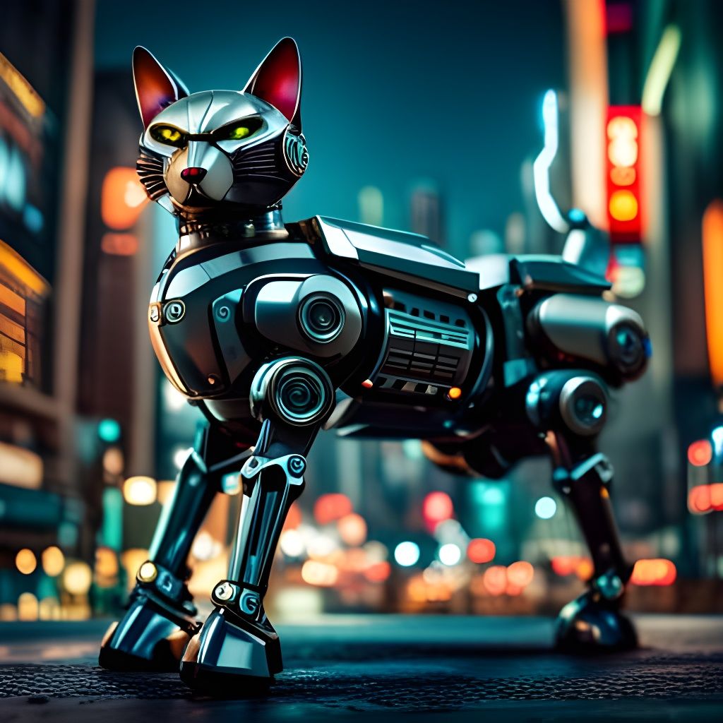 Robotic Cat in Grungy Cyberpunk Cityscape