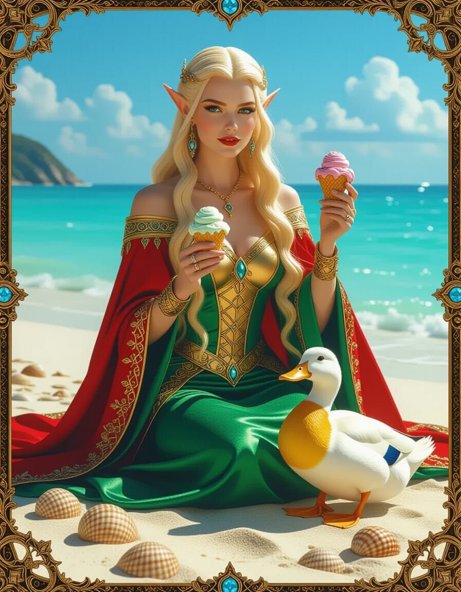 Galadriel on Steampunk Beach Vacation in Syd Mead Style