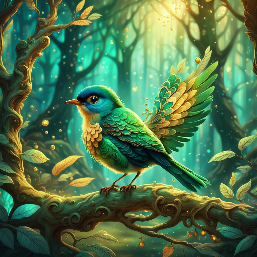 Whimsical Fantasy Bird in Rich Emerald Forest