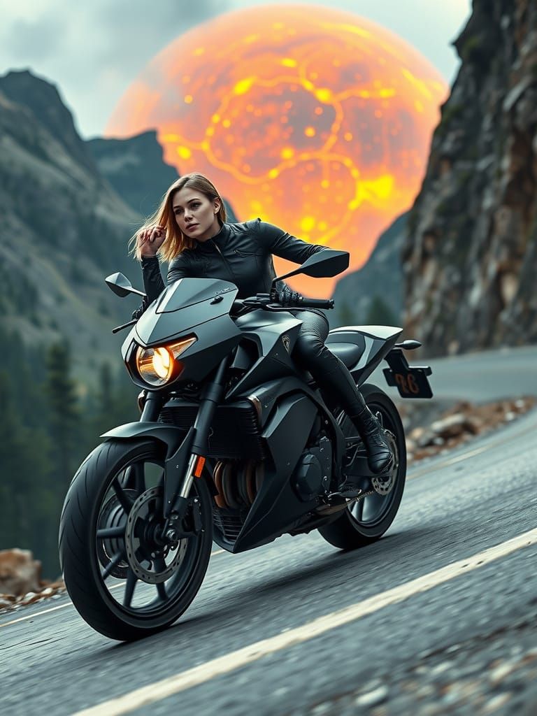 Motorcycle Rider with Apocalyptic Earth Backdrop