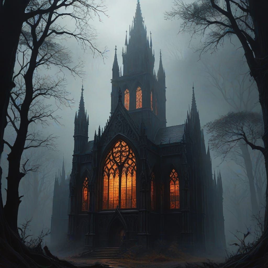 Gothic Cathedral in Misty Forest: Dark Fantasy Art