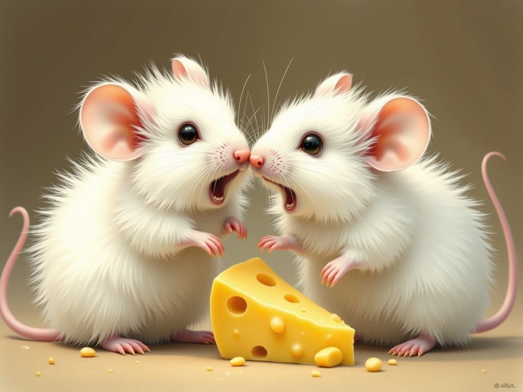 Mice Tug-of-War Over Cheese, Illustrated Style