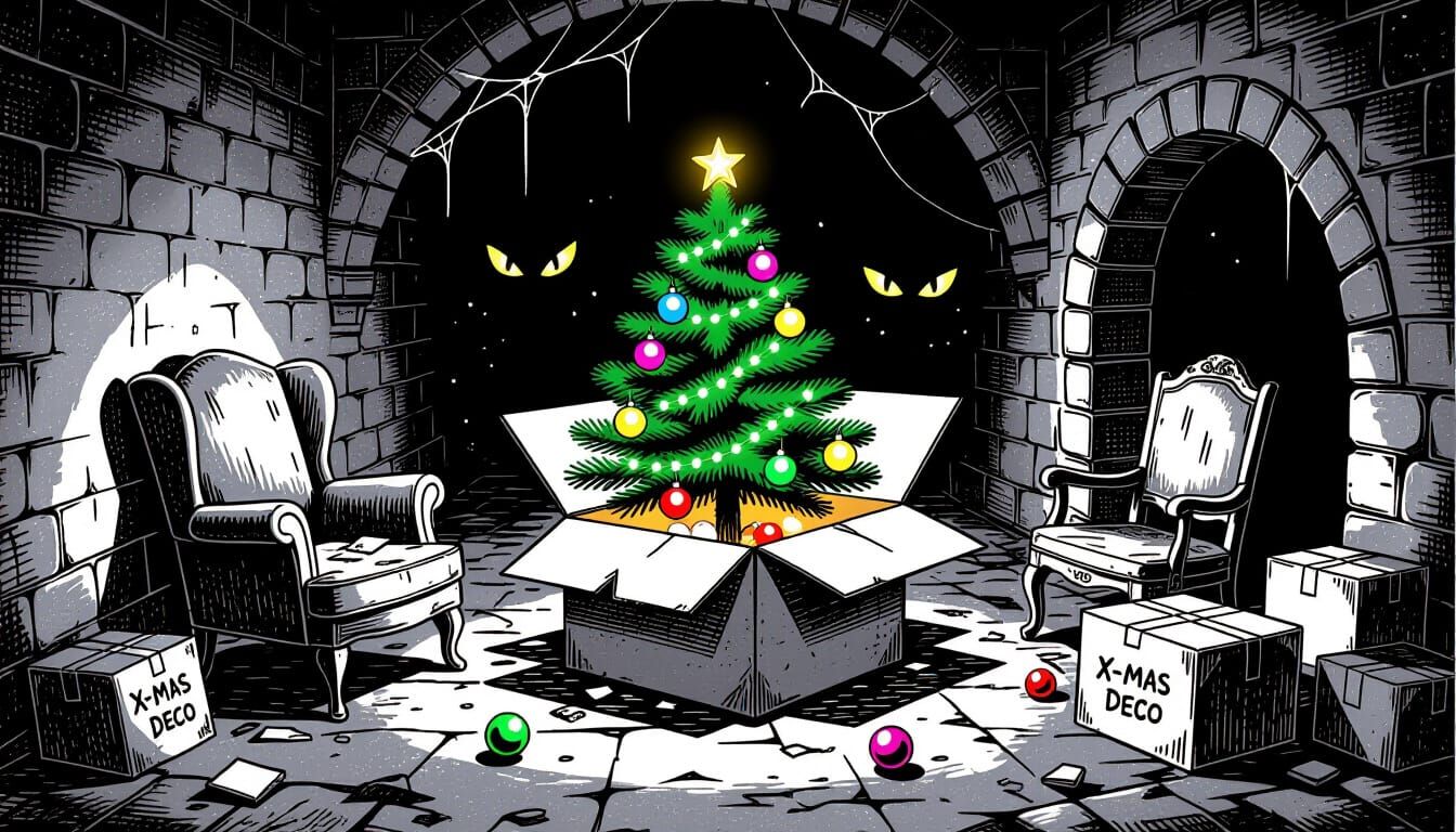 Cryptic Cellar with Christmas Decorations and Glowing Eyes