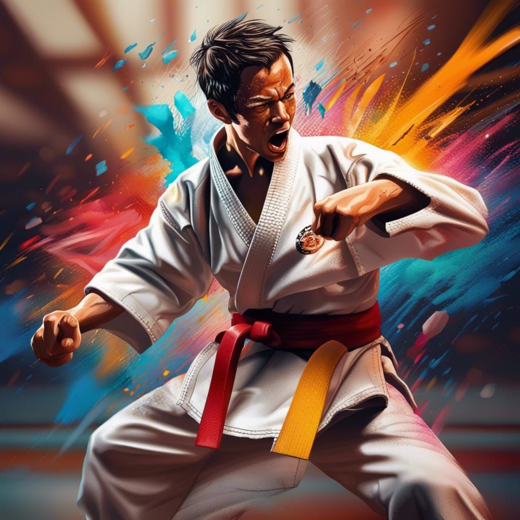 Dynamic Karate Kick in Hyperrealistic Splash Art