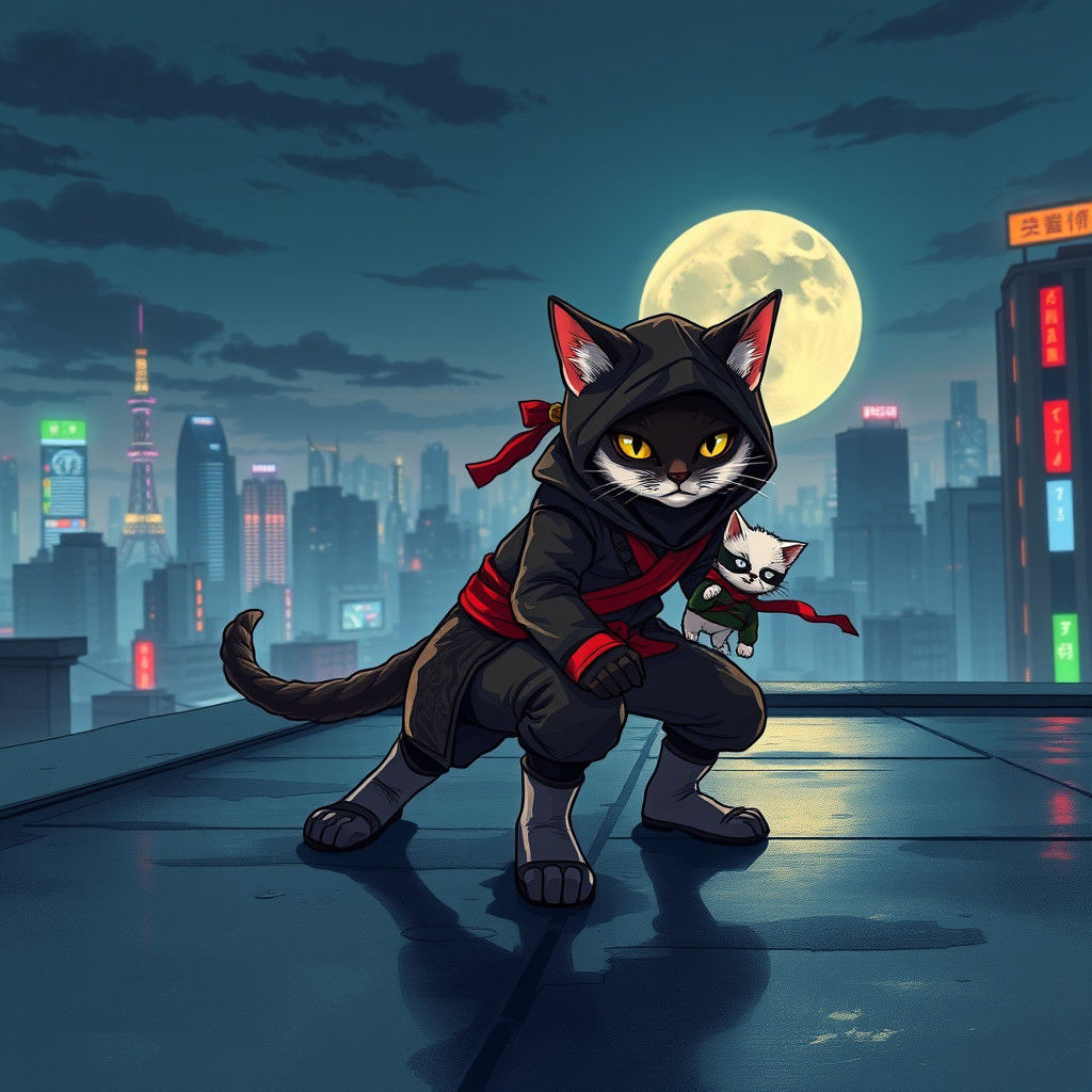 Ninja Cats on Tokyo Rooftop in Cyberpunk Style