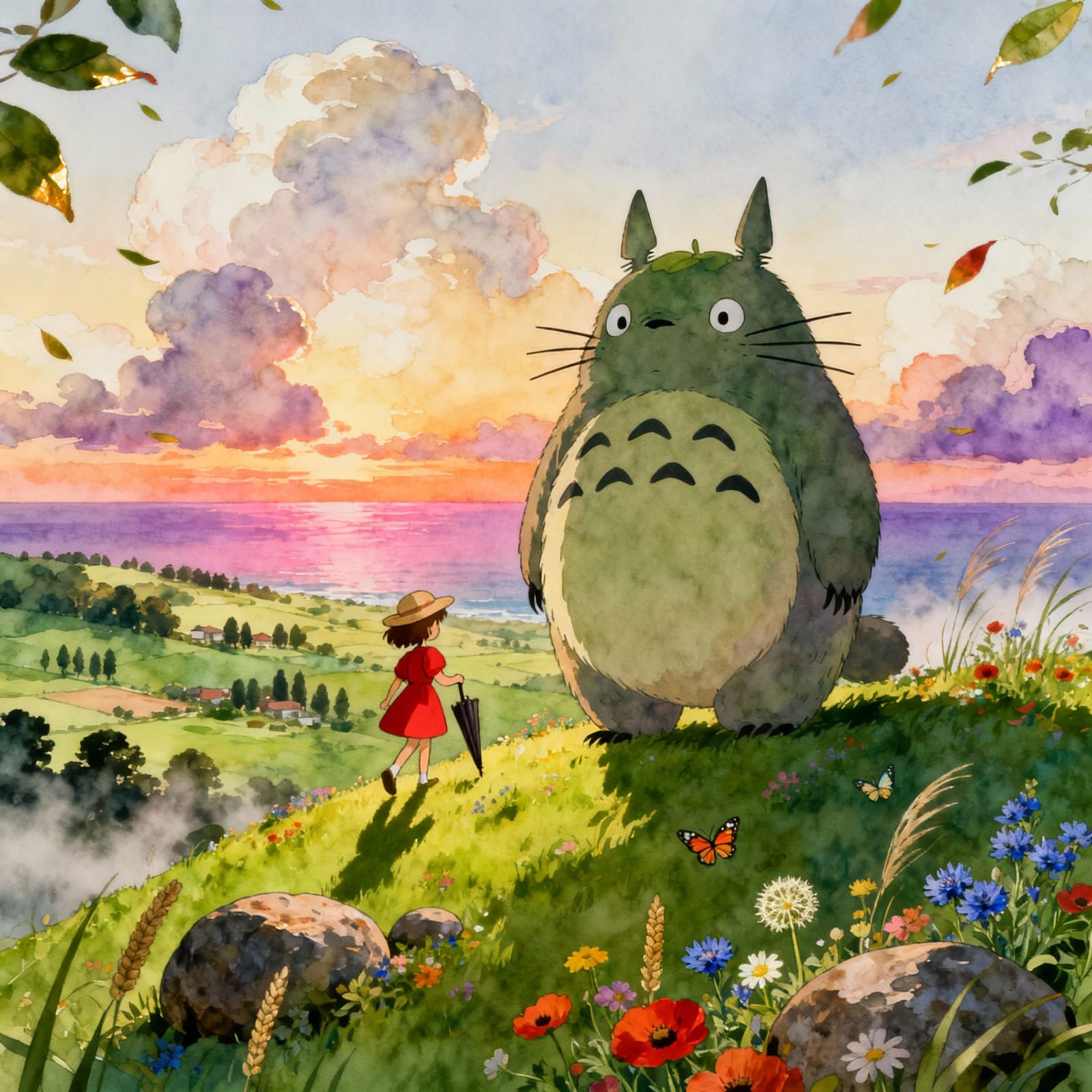 Totoro and Girl in Golden Sunset Landscape