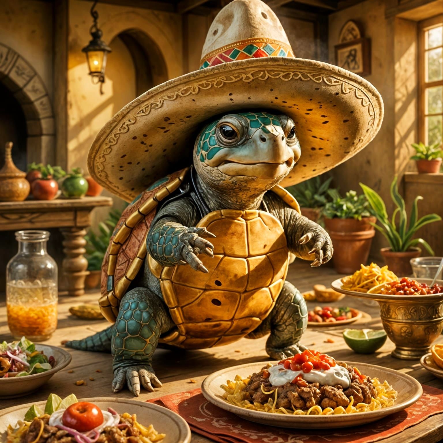 ONE super cute mexican anthropomorphic Turtle wearing a Sombrero eating ONE big Taco Sunlight streams through a cracked ...