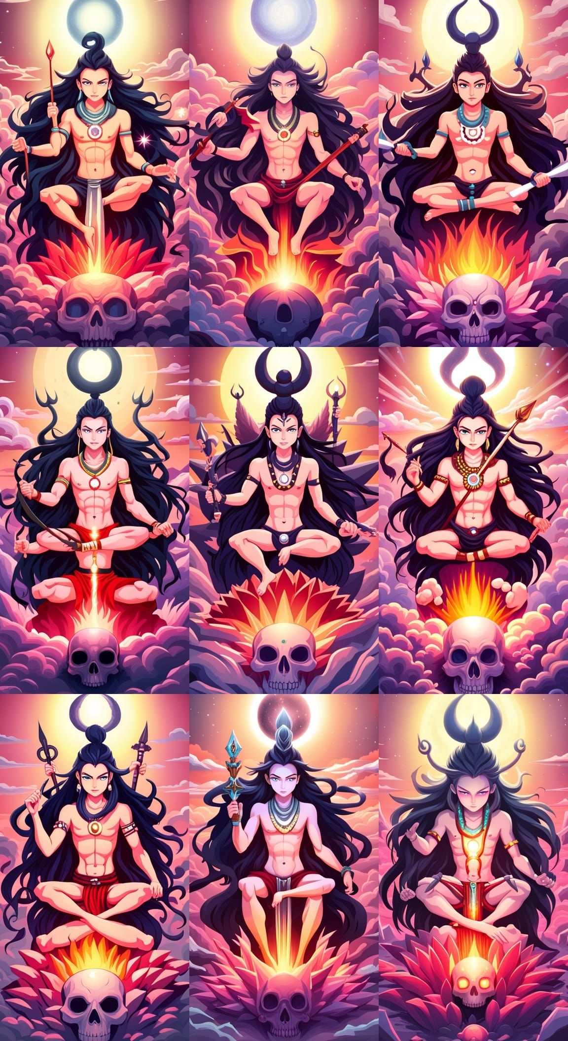 Chibi Anime Lord Shiva Meditating on Skull Throne