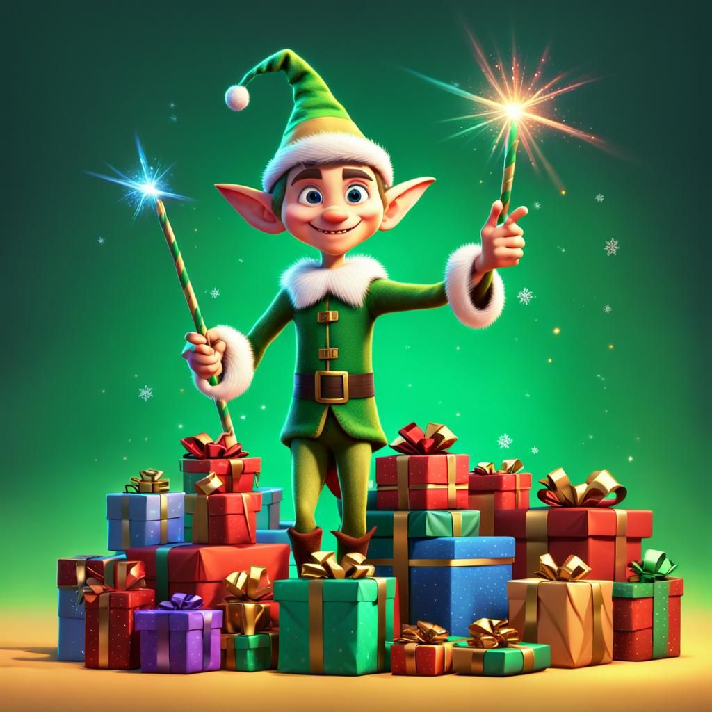 Elf Waving Magic Wand Over Christmas Presents