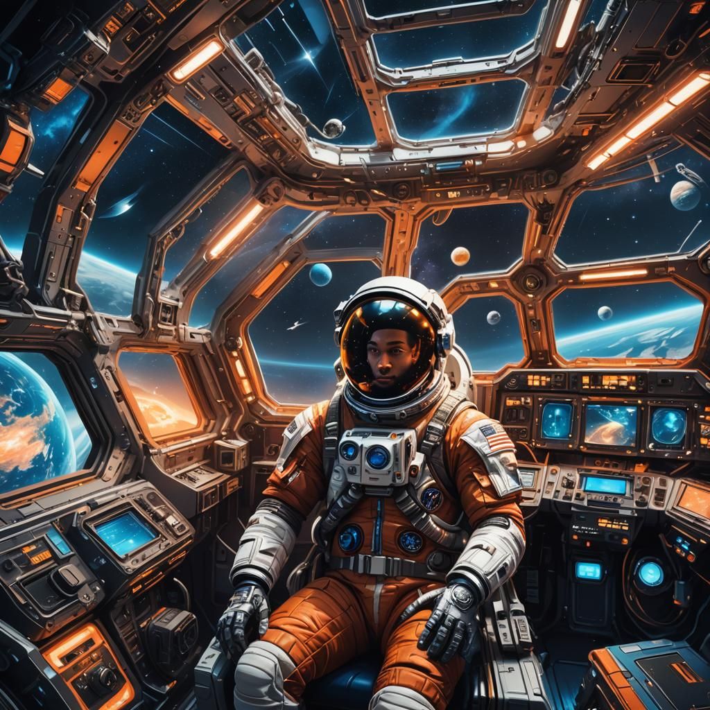 Astronaut in Spaceship Cockpit Near Jupiter as Space Opera