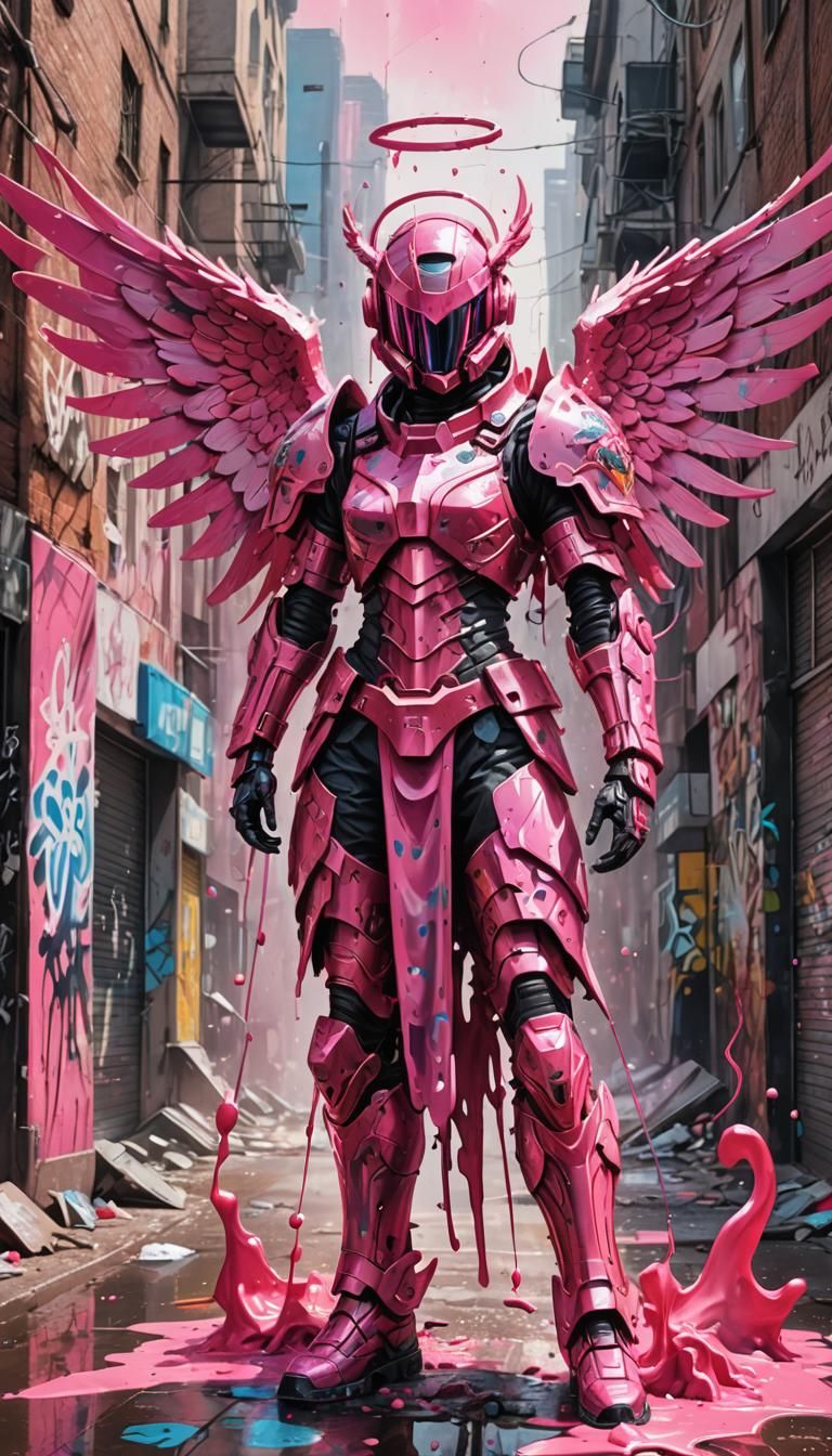 Pink Armored Angel in Graffiti Street Art