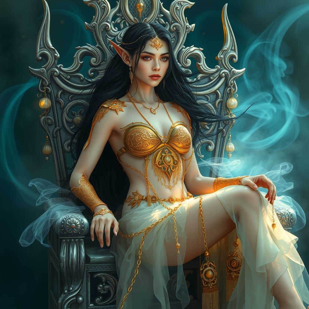 Beautiful elf princess wearing gold torq and gold chains and...
