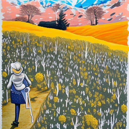 Seasonal Journey with Dog: Detailed Gouache Painting