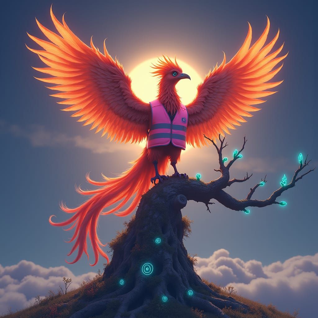 Phoenix in Safety Vest on Ancient Tree