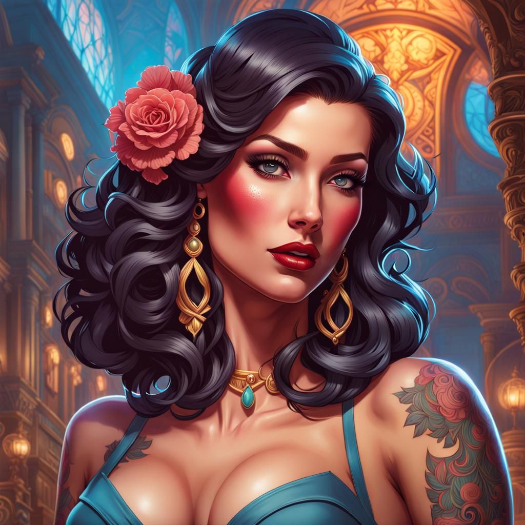 Tattooed Pinup Girl in Retro Comic Style