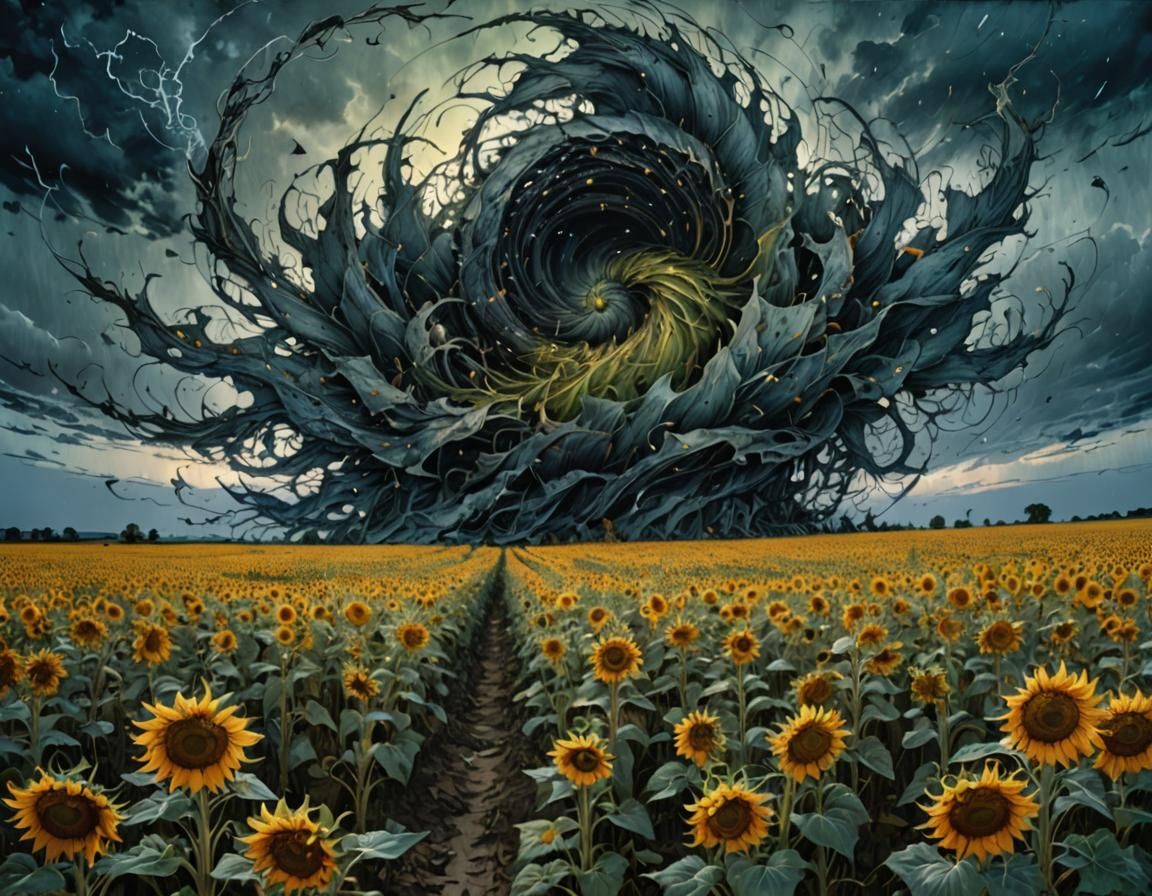 Tornado Swirling Over Sunflower Field: Detailed Art