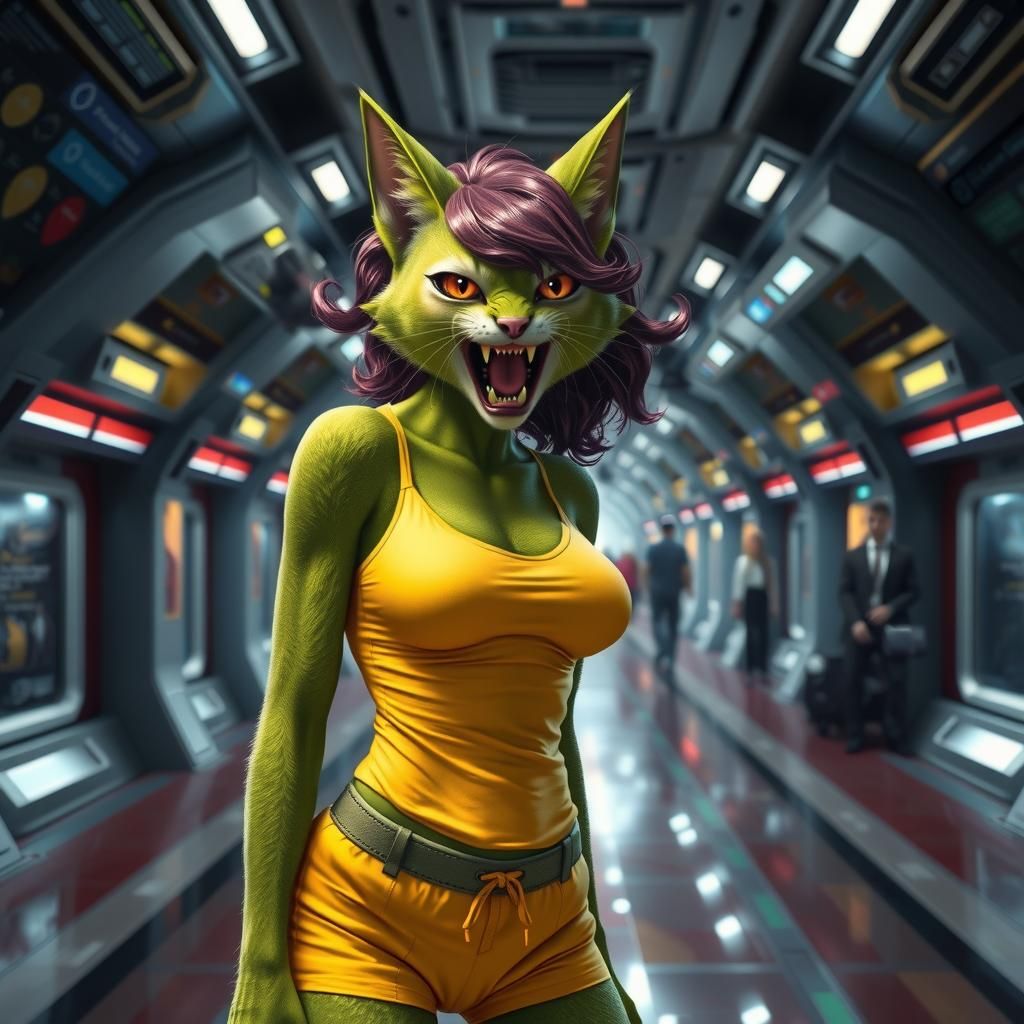 Anthropomorphic Cat-Woman Displays Fangs on Space Station