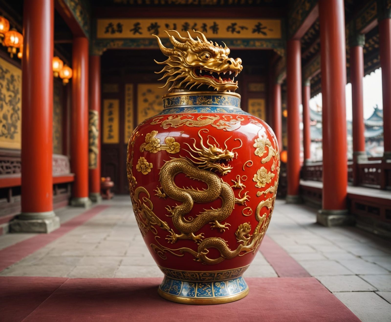 Majestic Dragon Adorns Ming Vase in Buddhist Temple
