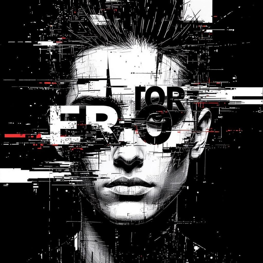 Abstract Glitch Art Portrait with Error Typography