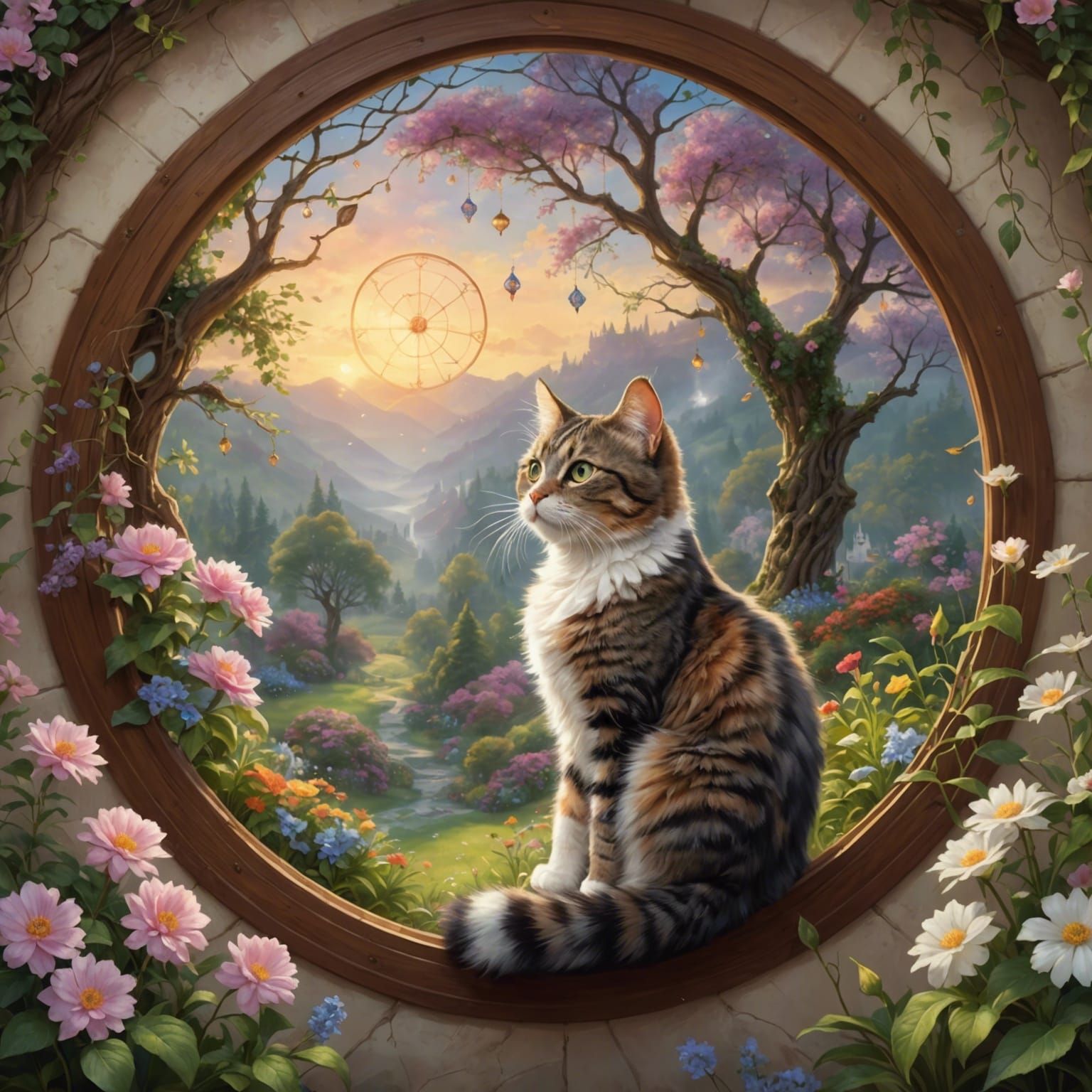 Cat by Round Window in Ethereal Fantasy Style