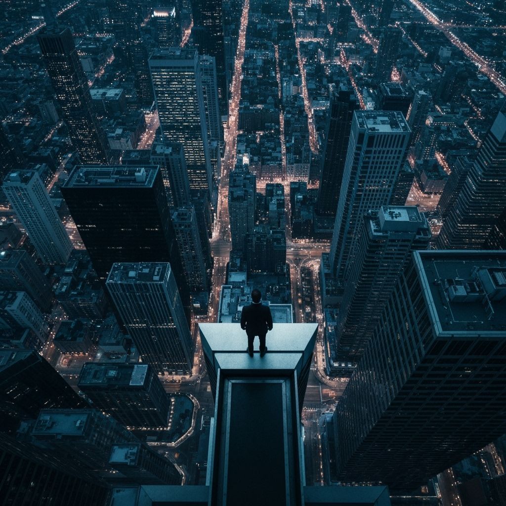 Lone Figure Gazing Over City in Film Noir Style