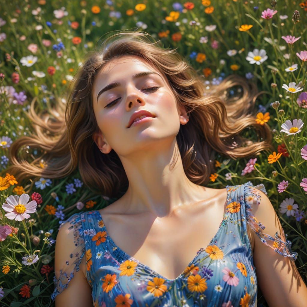 Impressionistic Woman Lounging in Wildflower Field
