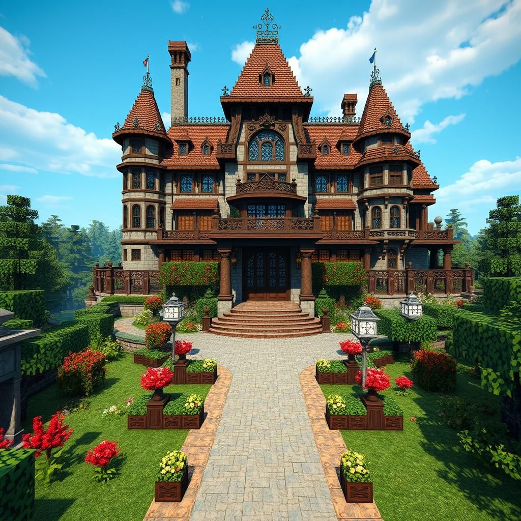 Minecraft Mansion with Huge Garden in 3D