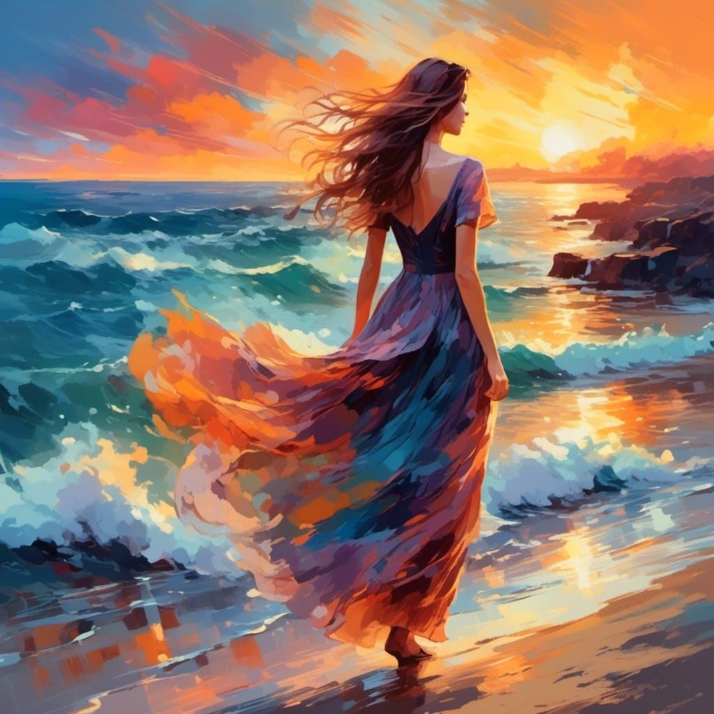 Woman in Sheer Dress at Sunset: Post-Impressionism