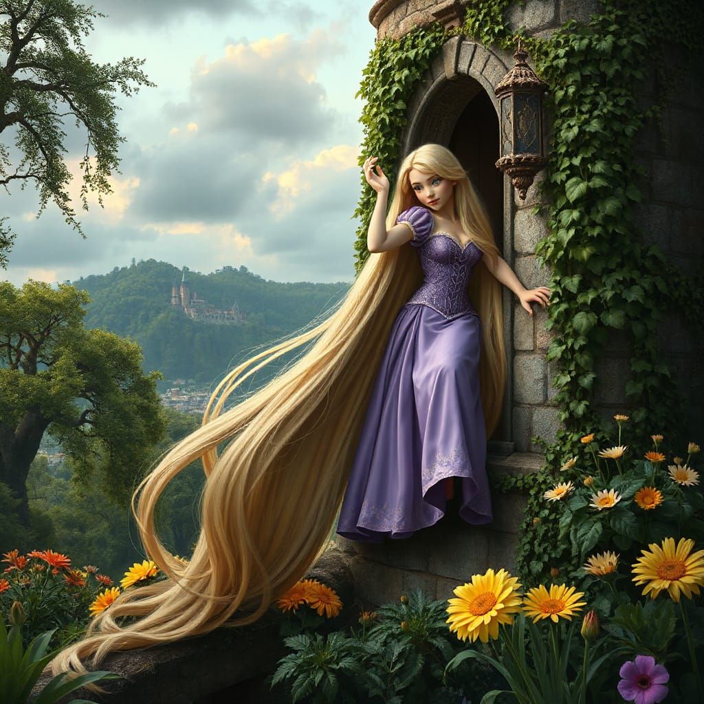Princess Rapunzel in Tower Waving Hair in Hyperrealism