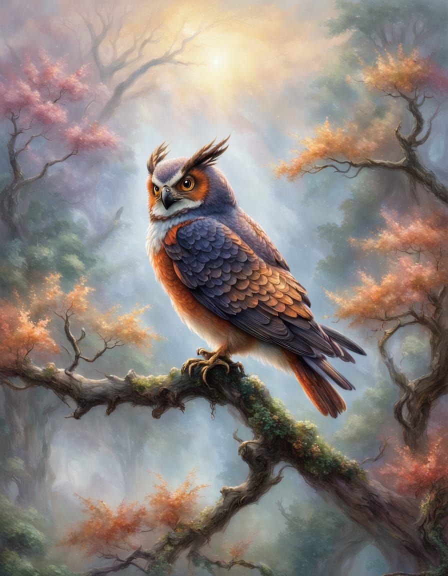 Flammulated Owl Perched on Branch in Ethereal Mist