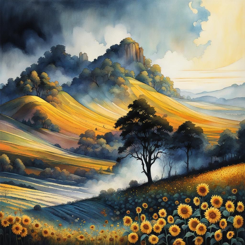 Golden Hour Sunflower Field Ink Illustration