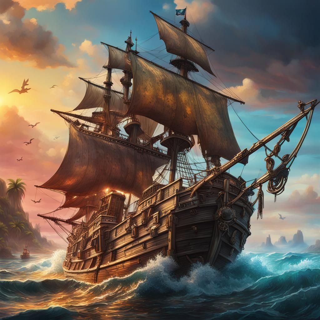 Hyperrealistic Pirate Ship on the Waters