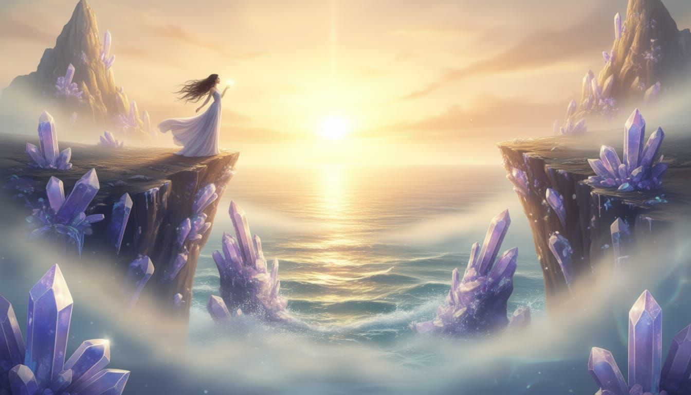 Ethereal Woman on Enchanted Cliffs at Sunrise